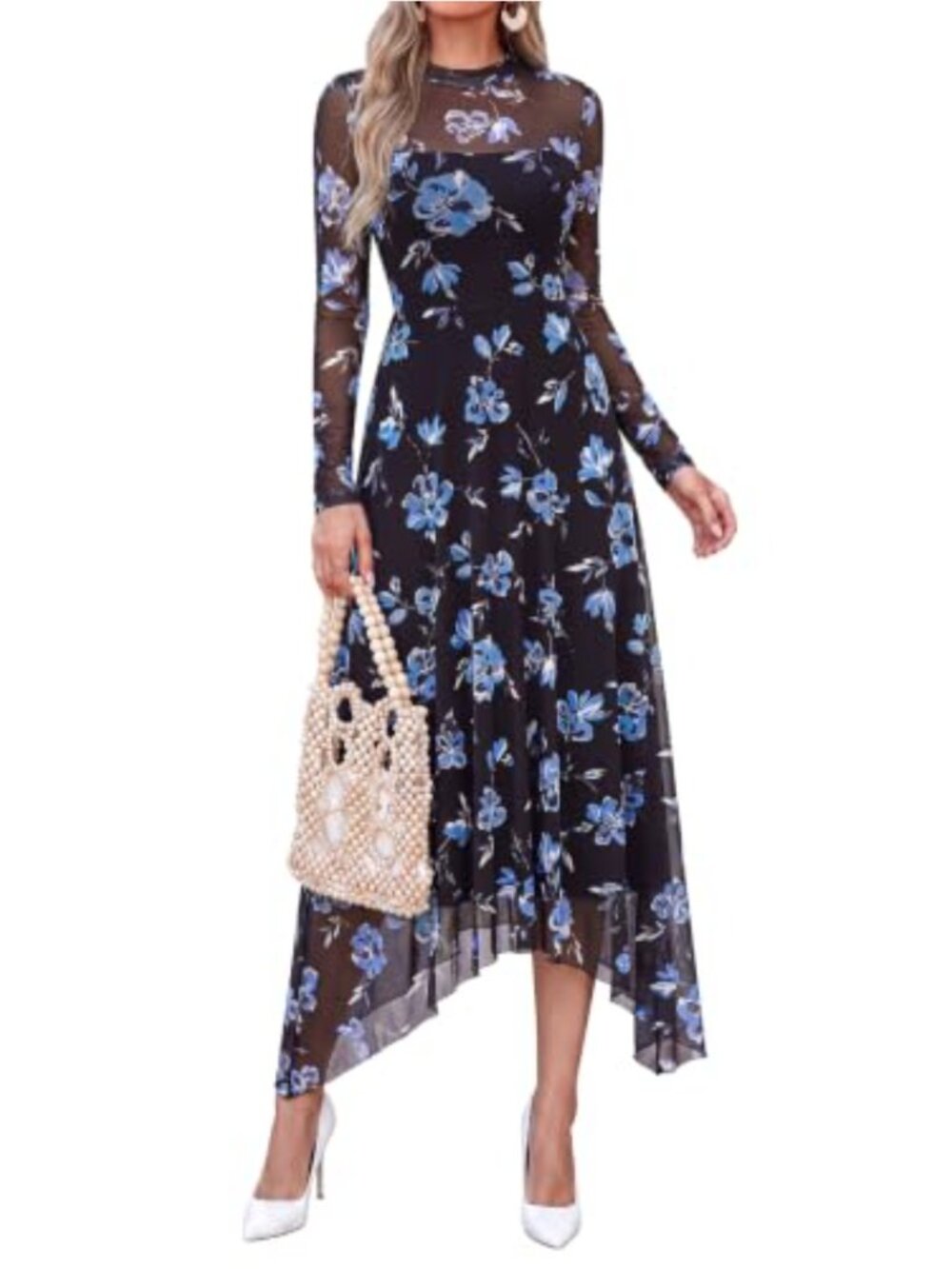 Floral Mesh Midi Dress Long Sleeve Sheer Handkerchief Hem